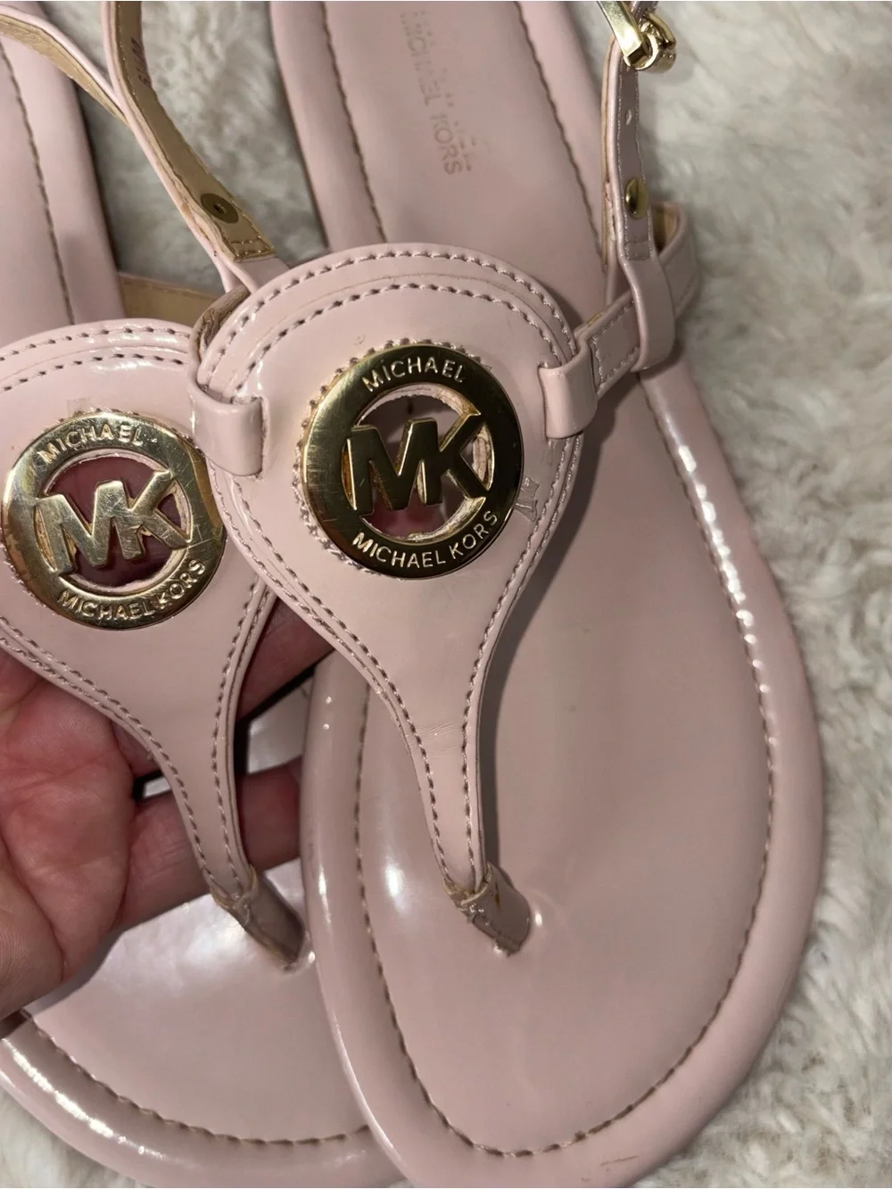 Michael Kors Blush Pink Patent Thong Sandals with Gold MK Logo | Women’s 6.5M